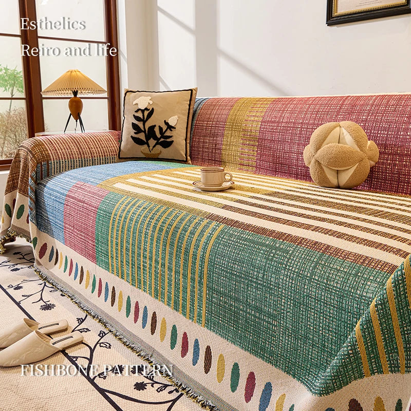 couverture canapé multicolore rayures géométriques moderne rétro polyester lavable printemps été