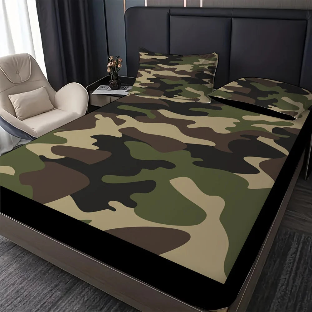 draps housses camouflage vert marron moderne lit imprimé polyester 100% sérigraphie qualité chambre coucher