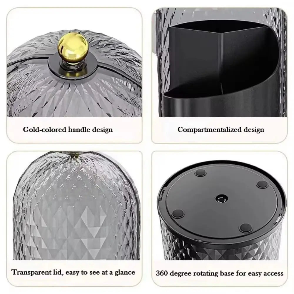rangement rotatif transparent cosmétiques compartiments texturés surface losanges élégant décorationreuse compartments réutilisable doré poignée