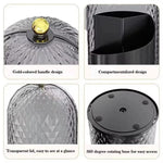 rangement rotatif transparent cosmétiques compartiments texturés surface losanges élégant décorationreuse compartments réutilisable doré poignée