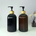 flacon pompe noir brun vert transparent moderne rayures vertical rechargeable shampoing lotion