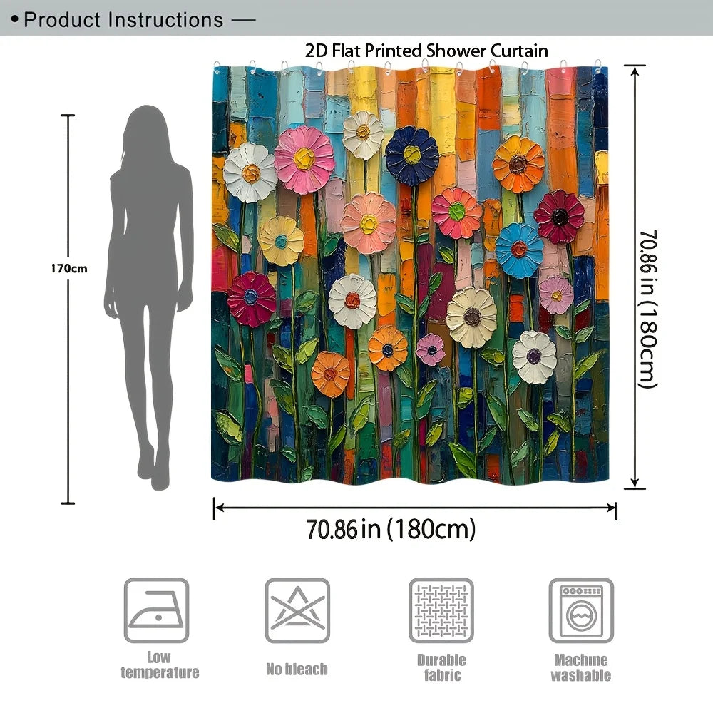 rideau douche moderne floral multicolore métalliques texturé fleurs stylisées 180x180cm opaque