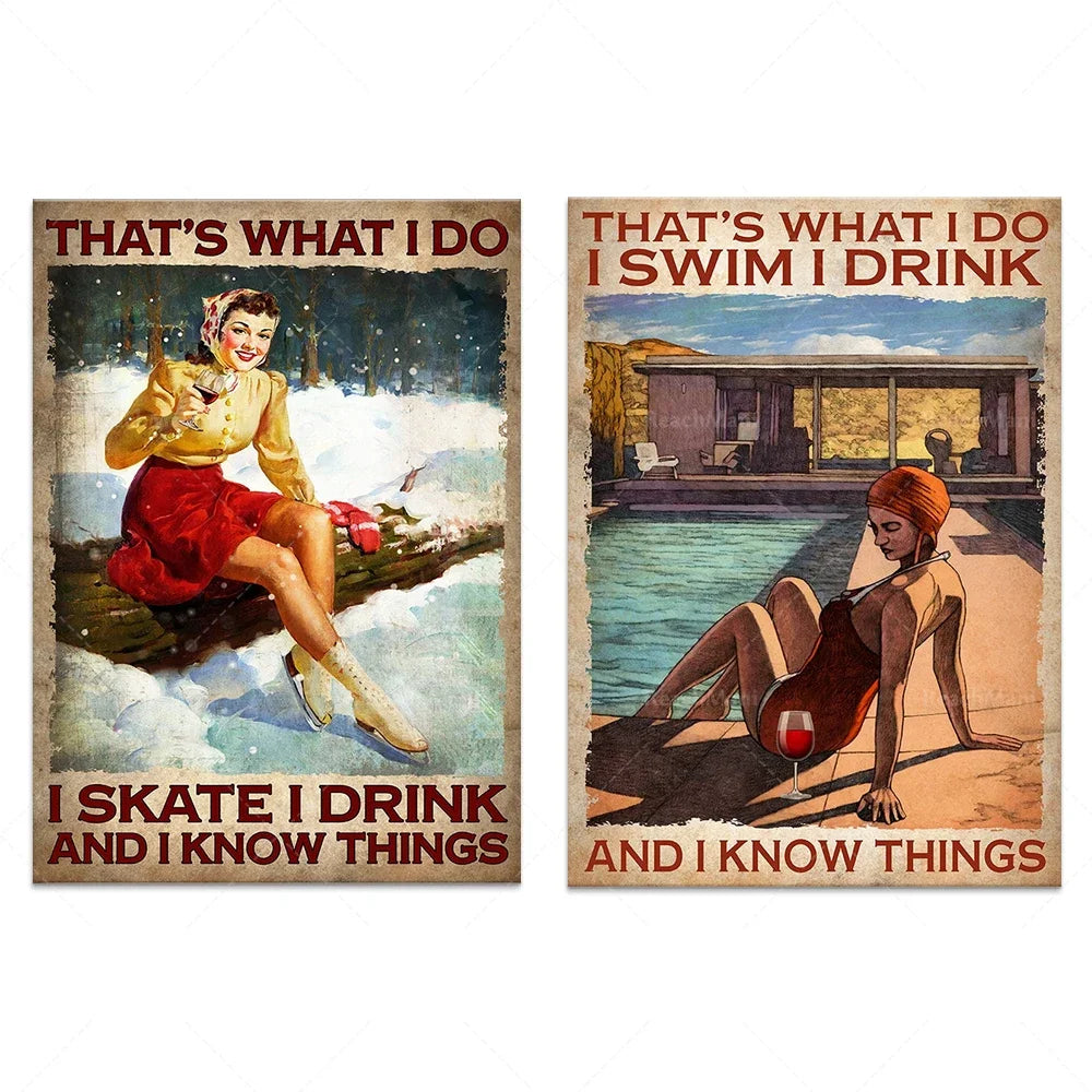 Deux affiches vintage représentent des scènes d'hiver et d'été où une femme profite de la glisse et de la baignade tout en consommant des boissons, avec la mention "C'est ce que je fais" dans les deux cas.