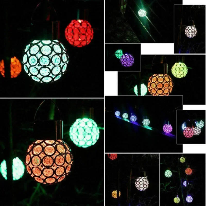 lumière solaire boule transparente motifs colorés moderne décoration extérieure jardin suspension anneaux métalliques