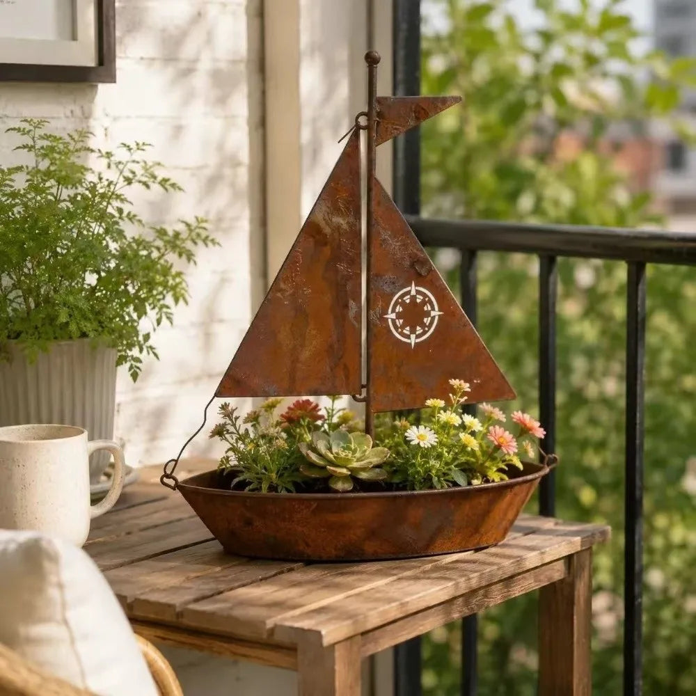 pot fleurs bateau métal vintage marron rustique compas succulentes decoratif