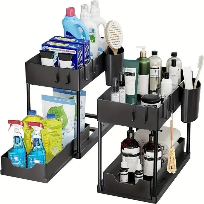 rangements étagères coulissantes deux niveaux porte gobelet moderne cuisine salle bain noir blanc minimaliste