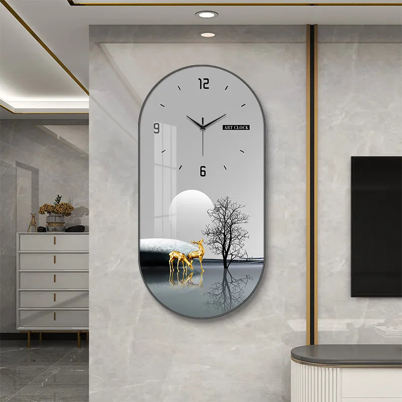 horloge murale contemporaine or noir cerfs paysage aiguille pvc porcelaine 30x60cm 40x80cm