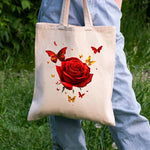sac main toile imprimé floral rose rouge papillons beige clair réutilisable respectueux environnement poignées
