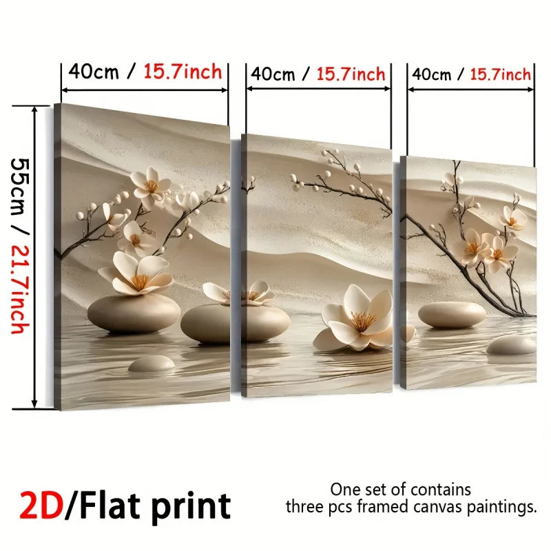 tableaux zen minimaliste fleurs blanches branches pierres eau sable cadre miroir toile impression chambre