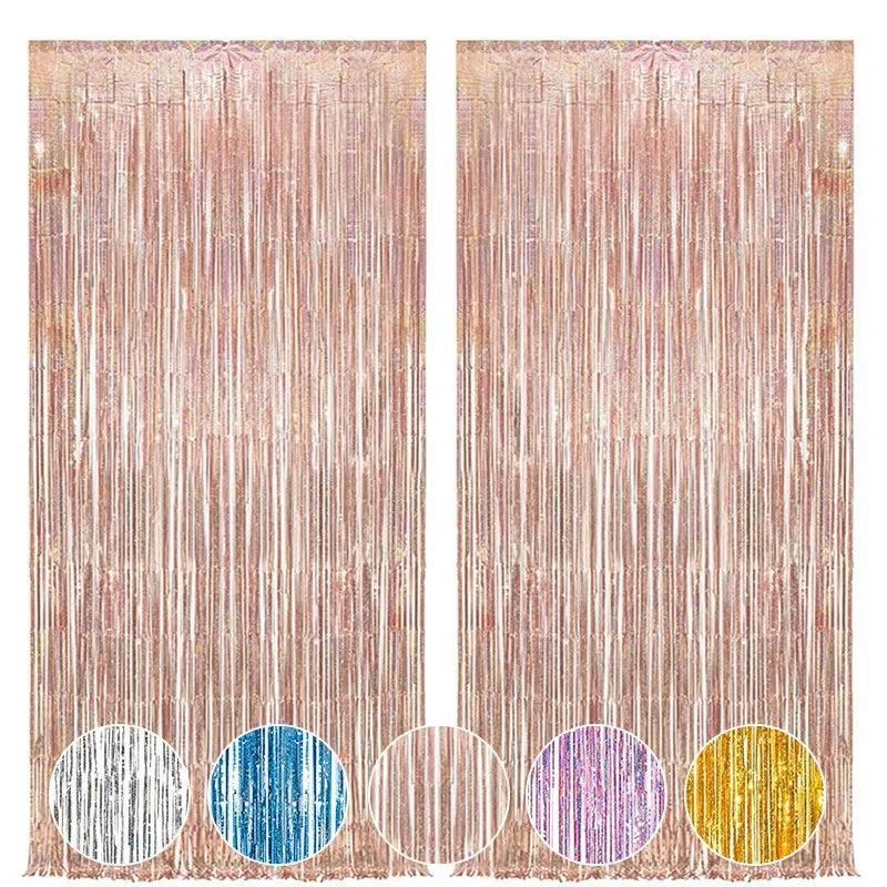 rideau festif pailleté franges rose gold noir violet rouge clips blancs HAPPY BIRTHDAY argentées