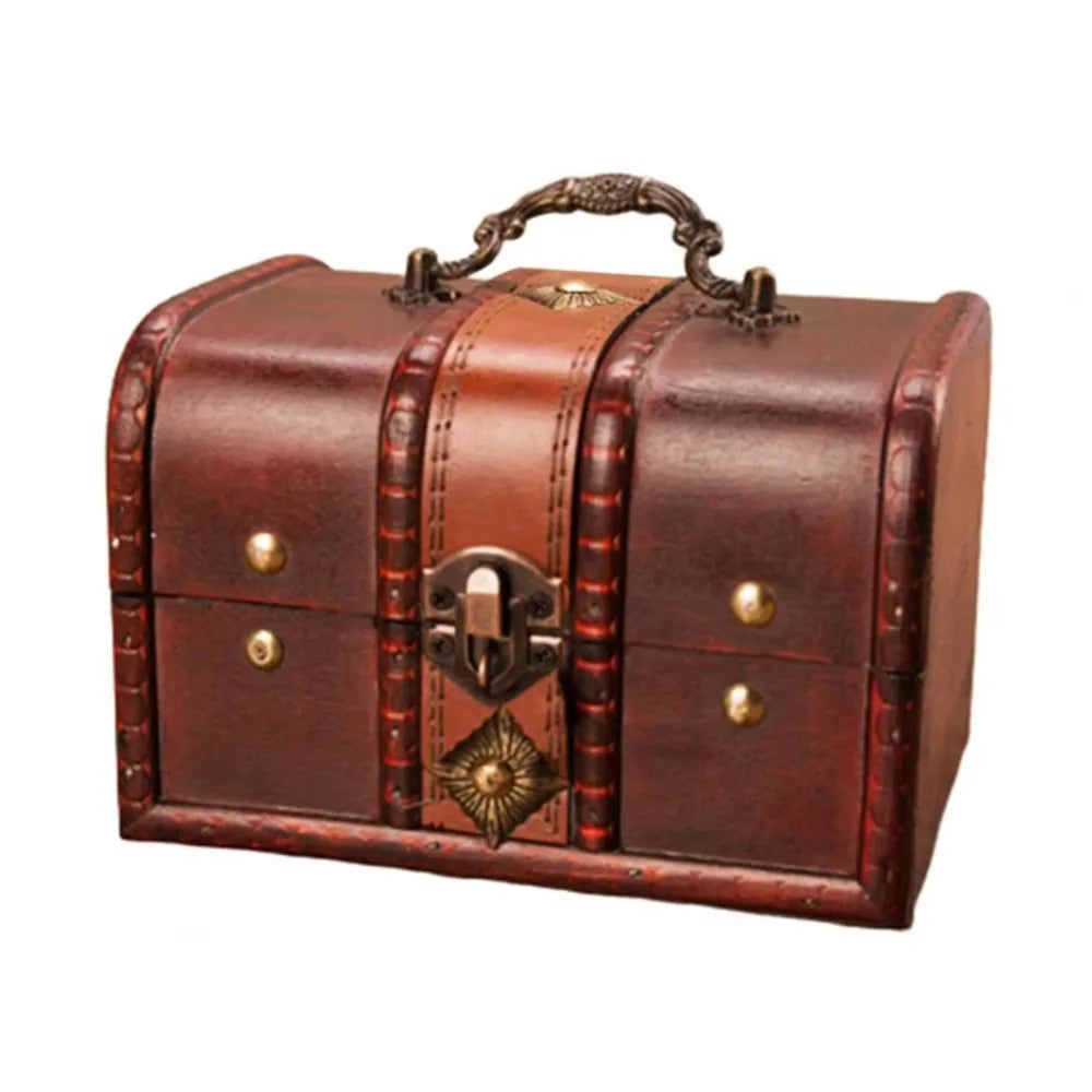 coffre bijoux vintage coffre bois rétro marron foncé ornements dorés serrure clé poignée