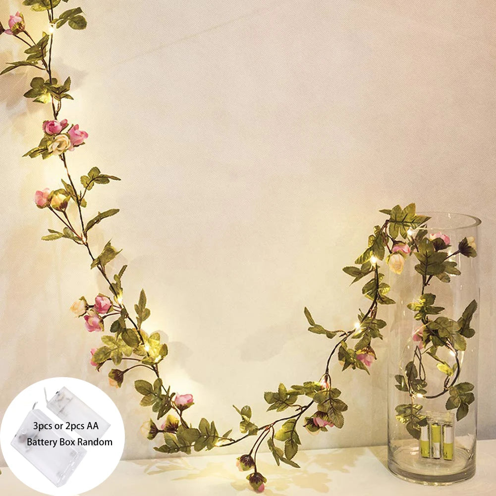 guirlande lumineuse fleurs artificielles rose rouge vert feuilles texturées décoration romantique autoinstallation batterie led