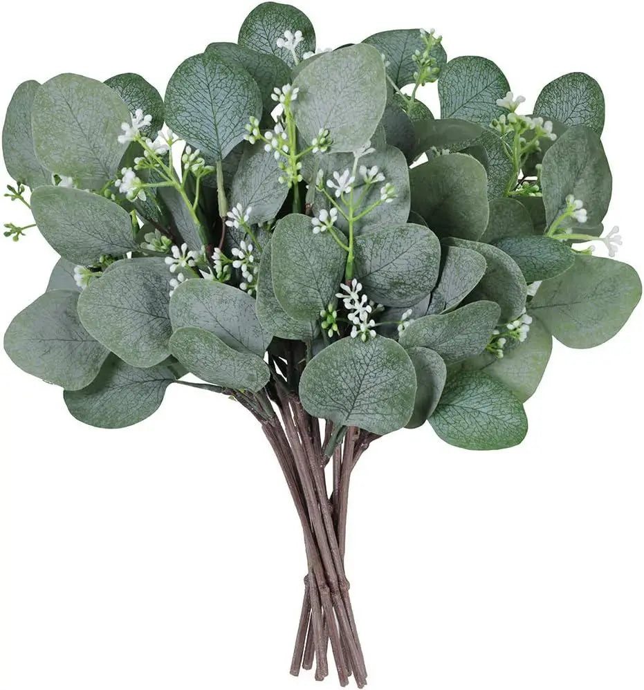 bouquet artificiel feuilles eucalyptus vert blanc moderne minimaliste extérieur mariage décoration table exposition festive