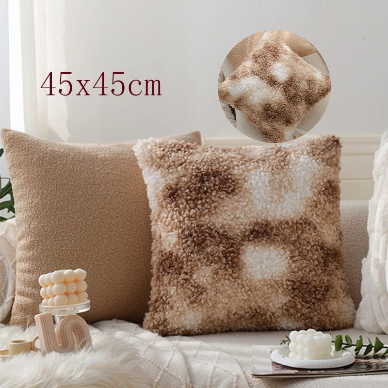 coussin patchwork géométrique beige carrés cercles doux hiver été 45x45cm