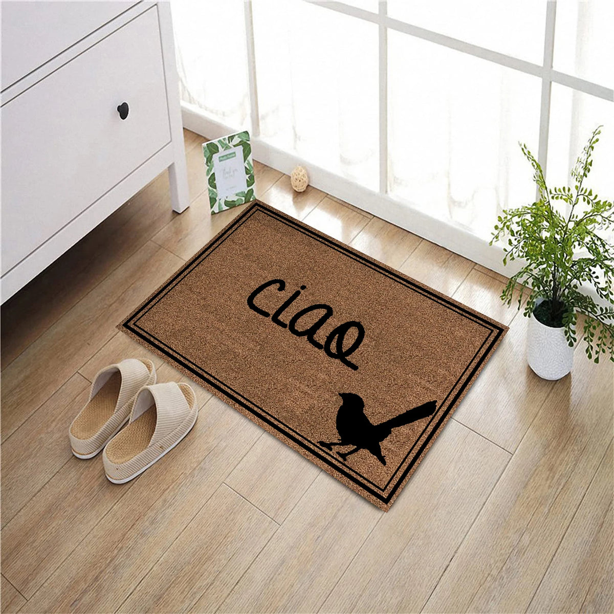 tapis d'entrée marron ciao oiseau antidérapant résistant extérieur moderne classique adhésif