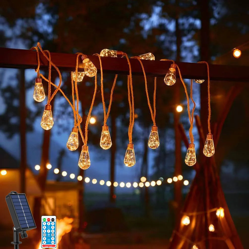 guirlande lumineuse solaire transparente 16 ampoules tulipe vintage corde naturelle clipsextérieur