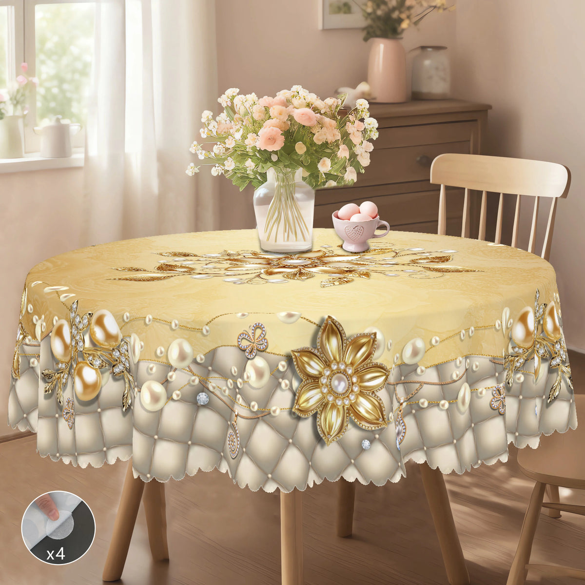 nappe table fleurs dorées blanches classique beige extérieure mariage fête printemps été