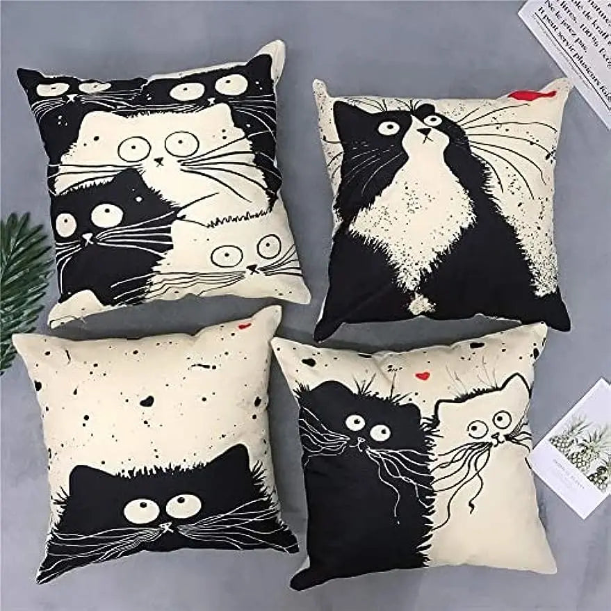 taie d'oreiller lin motif chats noir blanc moderne 45x45cm fixée