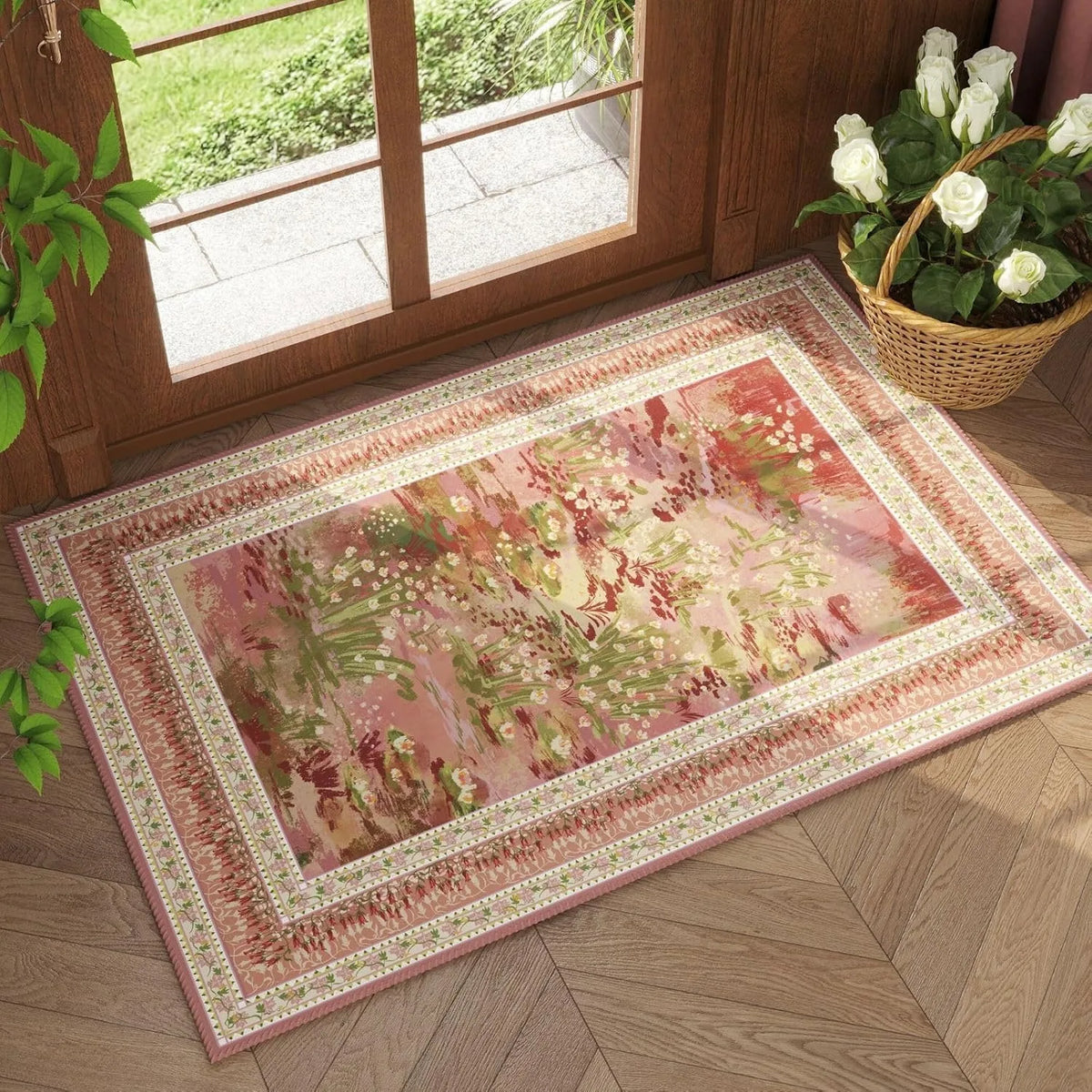 tapis sol antidérapant résistant décoloration fleurs blanches vert feuilles classique 30x50cm 40x60cm 50x80cm