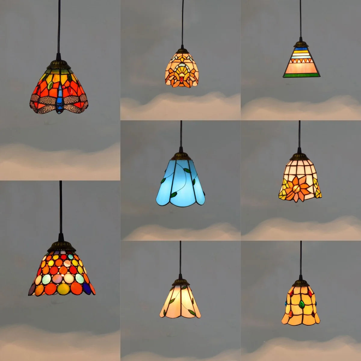 lampe suspendue tiffany multicolore motifs floraux stained glass couloir restaurant étude balcon