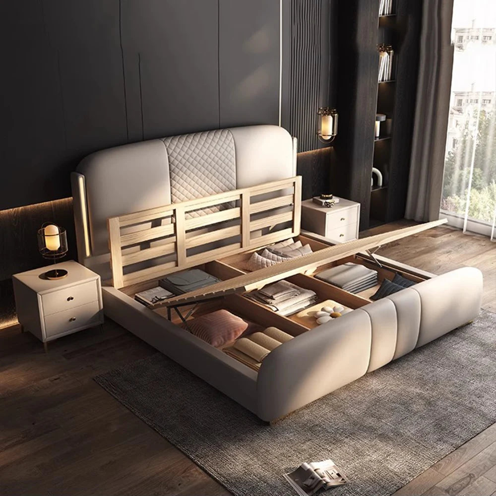 lit double moderne minimaliste beige clair cuir tissu tête rembourrée table chevet meubles chambre