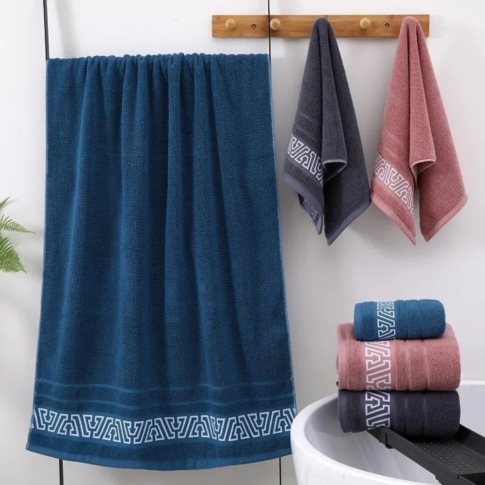serviette bain coton texturée bleu marine gris rose motif graphique moderne absorption rapide lavage