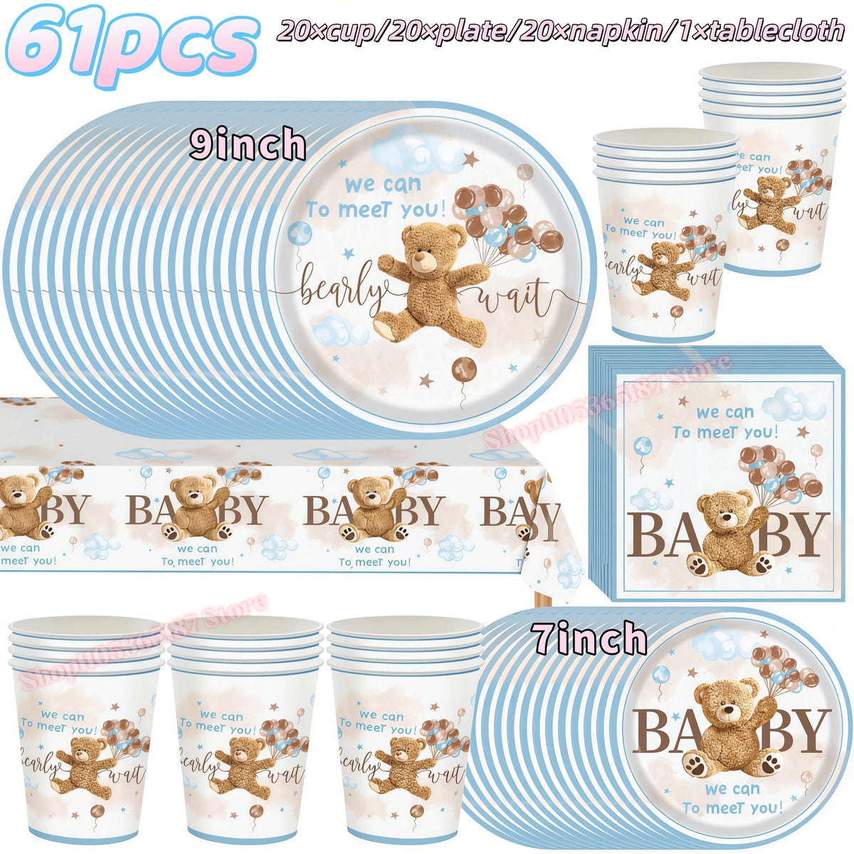 assiettes jetables anniversaire ours enceinte ballons napkins tablecloth thème bébé festive