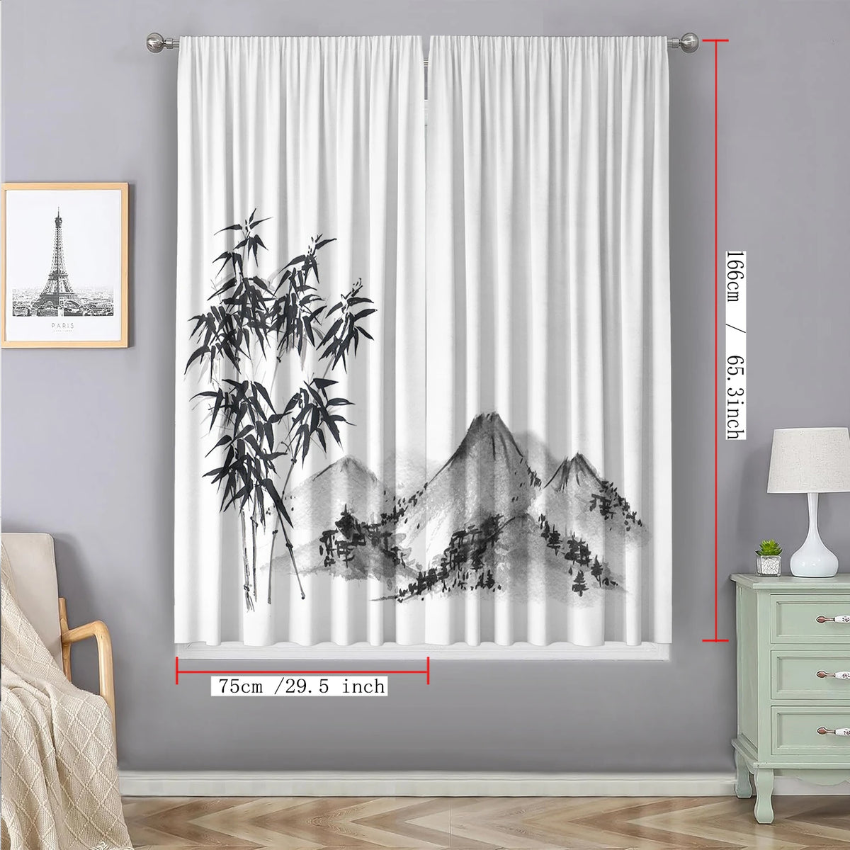rideaux japonais motifs bambou montagne zen opaque transparent 75x166cm polyester tubulaire