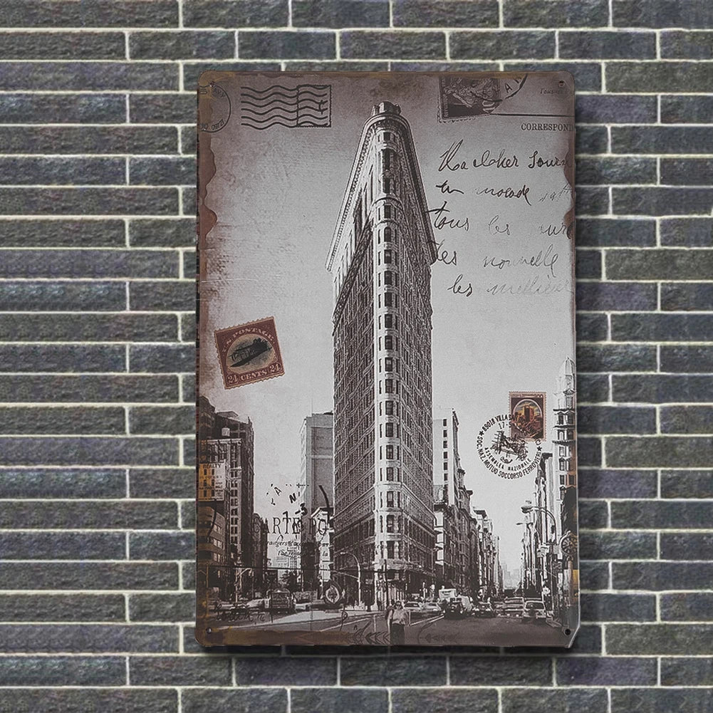 décoration murale vintage empire state building écriture manuscrite urbain ornements créatifs beige marron gris