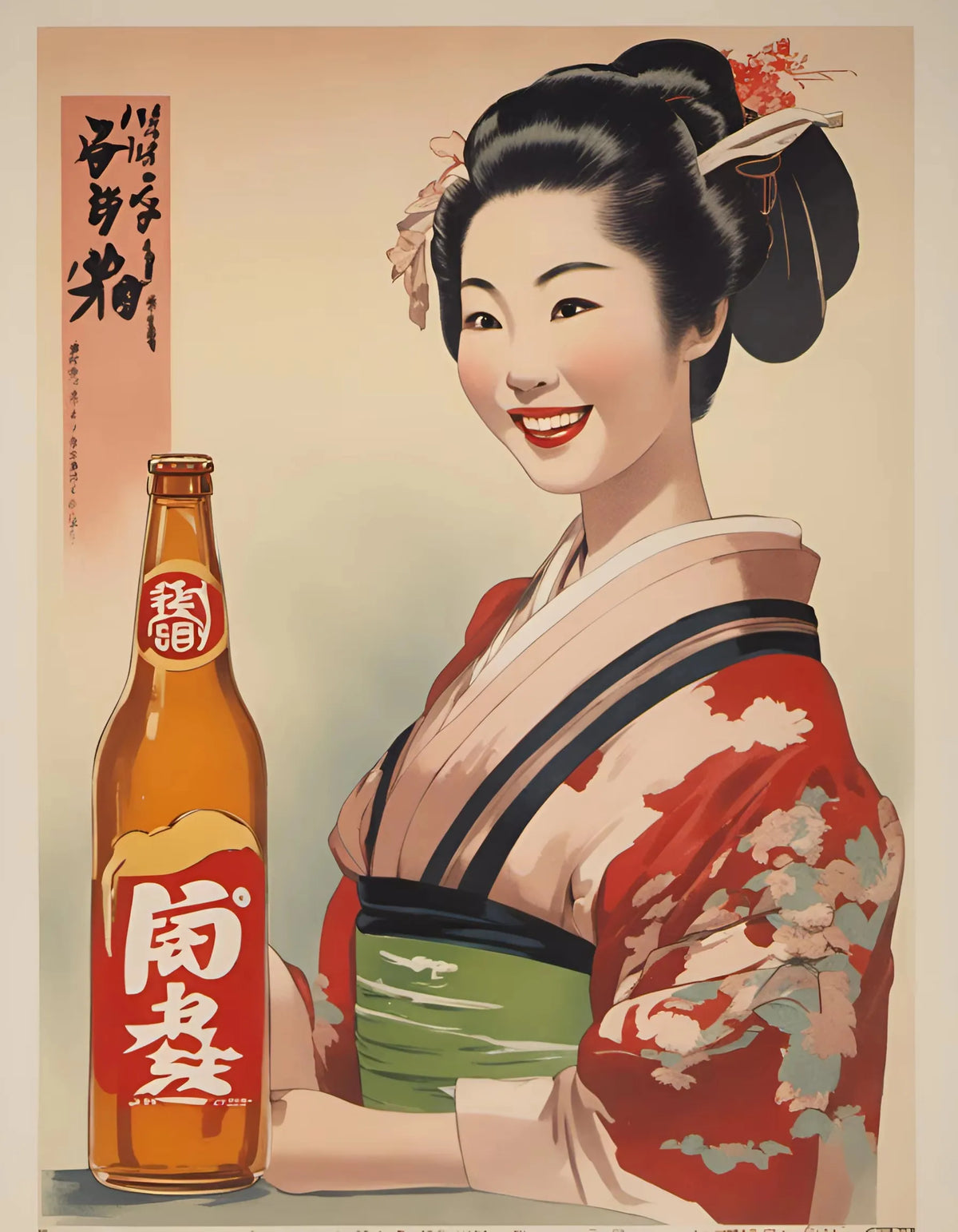 affiche vintage kimono japonais paysage rétro cadre bois décoration murale restaurant izakaya toile