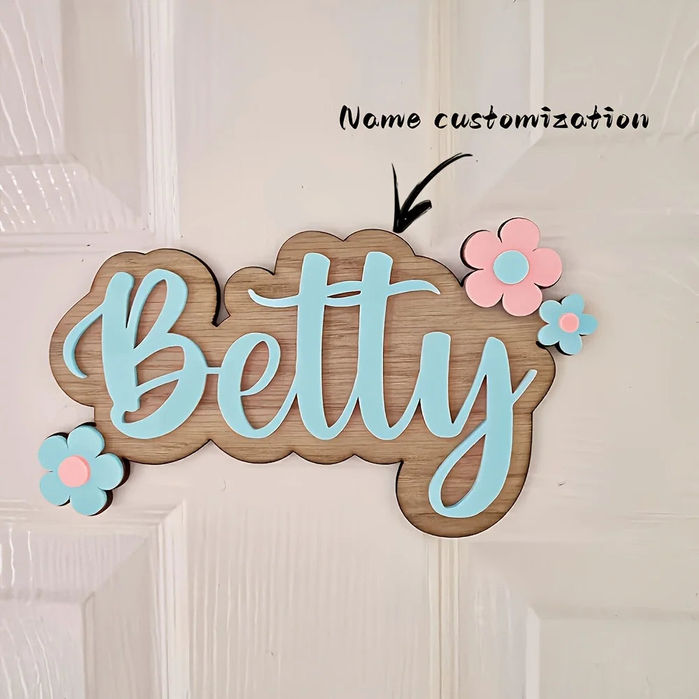 plaque décorative personnalisable bois gravure laser lettres relief fleurs simple moderne couleur naturelle bleuclair