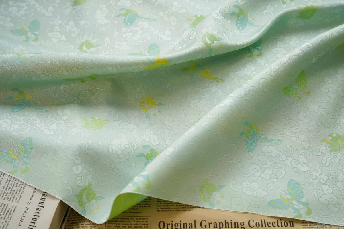 tissu polyester vert menthe papillons motifs floraux brocart décoratif résistant matériaux bricolage
