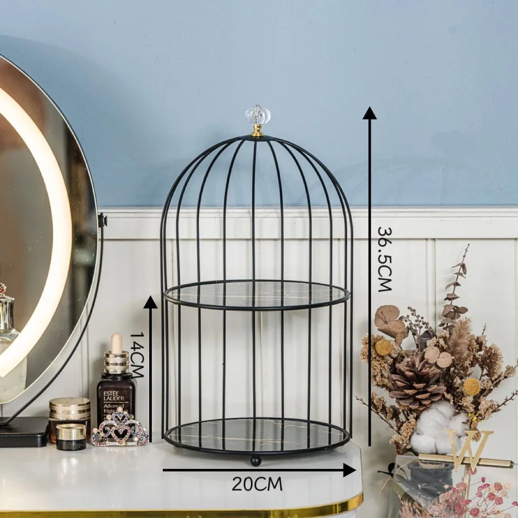 cage bijoux moderne or noir marbre élégante pinceau maquillage flacons cosmétiques diverse ornementalité respectueux