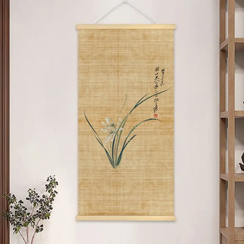 peinture suspendue chinois bambou fleurs insectes textes beige noir rouge vert