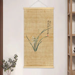 peinture suspendue chinois bambou fleurs insectes textes beige noir rouge vert