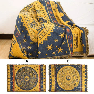 couverture tissée jacquard scénique soleil lune étoiles bleu foncé doré portable qualité adulte rectangle