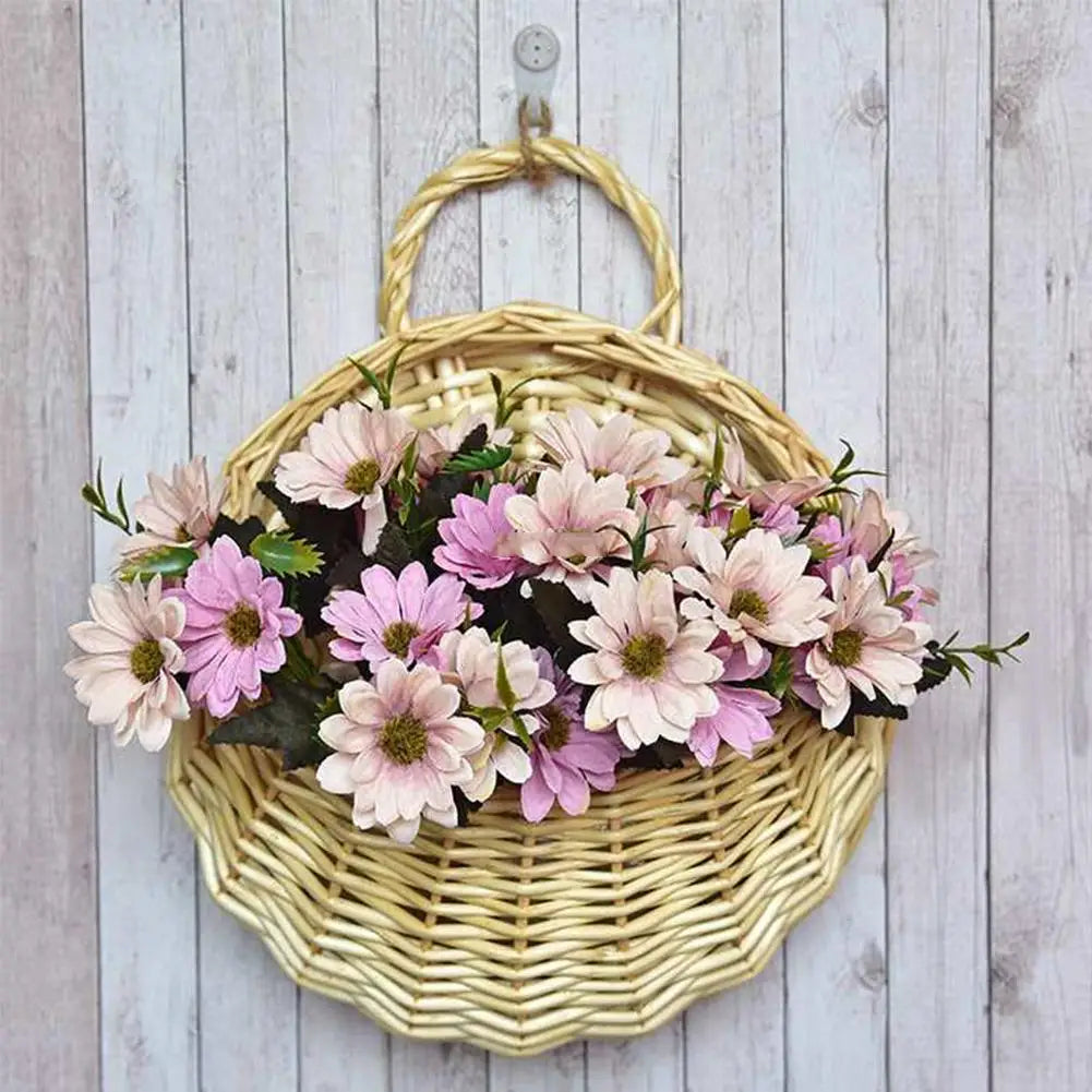panier osier naturel tressé traditionnel anneau métallique suspension fleurs artificielles