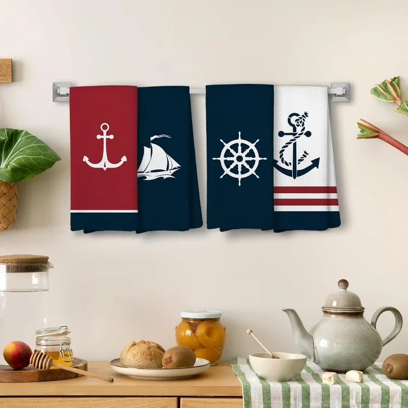 serviettes cuisine marin motifs ancre voilier bleu rouge blanc dobby clips mural rapide absorbant