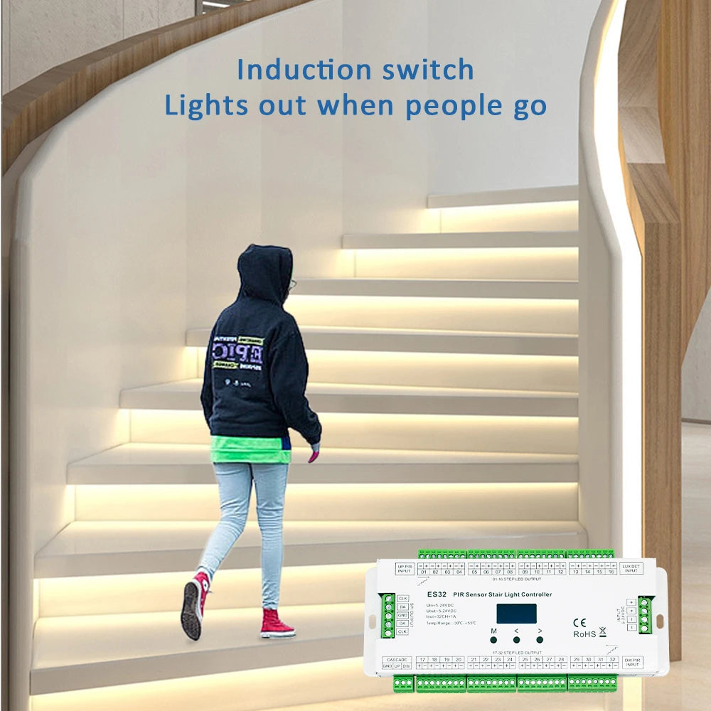 contrôleur d'éclairage escalier détecteur mouvement PIR blanc led strip moderne 12VDC câble affichage oled