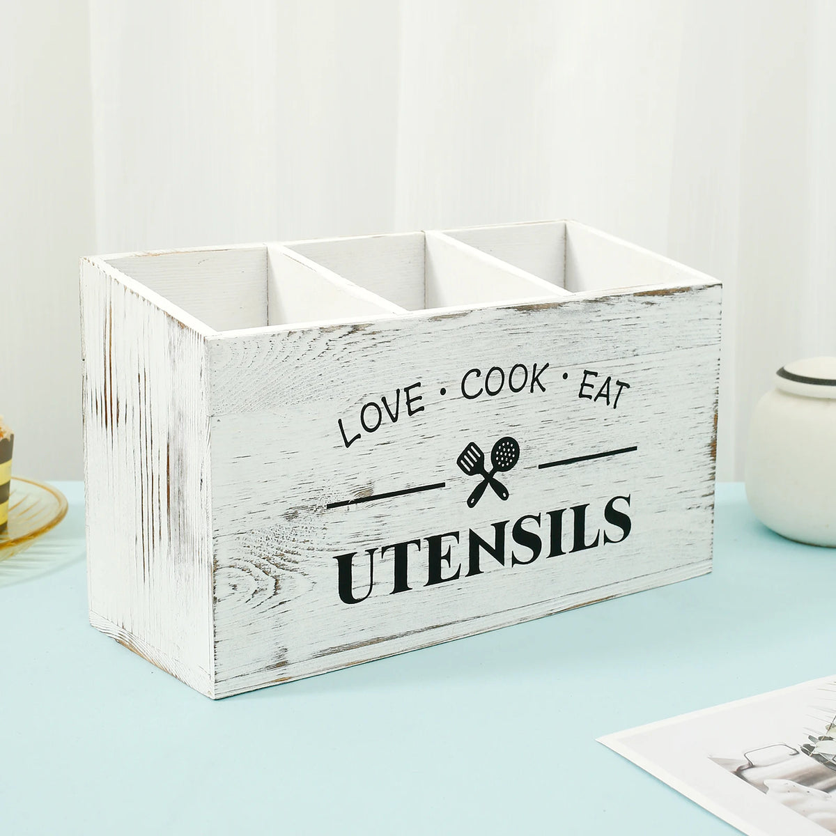 boîte ustensiles bois naturel rustique moderne compartiments ustensiles gris organisateur cuisine
