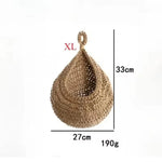 paniers suspendus tissu crocheté beiges rustiques respectueux environnement anneaux métalliques multifonctionnels rangement cuisine decoration