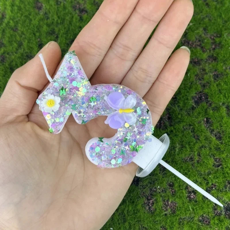 bougies numérales pailletées fleurs reliefs adhésives anniversaire enfant violet blanc vert bleu doré