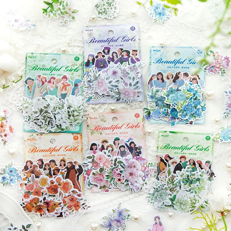 autocollants fleurs personnages vintage vert rose bleu blanc marron noir pack 40 pièces scrapbooking