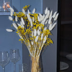bouquet fleurs séchées orange rose bleu blanc vase transparent décoration naturelle rustique maison