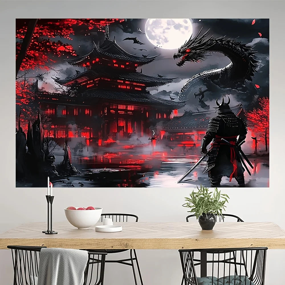 toile d'art paysage fantastique dragon rouge blanc contemporain décoration murale maison chambre salon