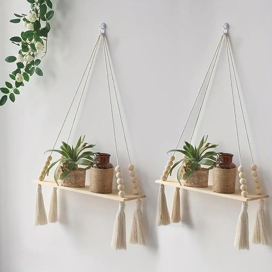 étagère suspendue bois naturel bois franges blanches boho chic fixée mur plantes décointérieurextérieur
