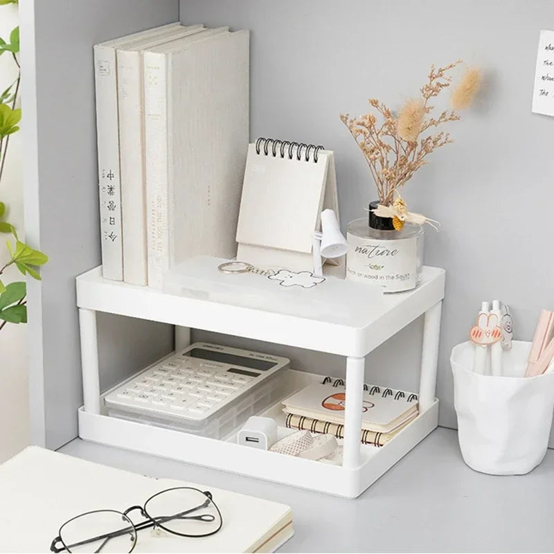 rangement étagère double niveau blanc minimaliste moderne organisateur calculatrice stylos cahiers lunettes