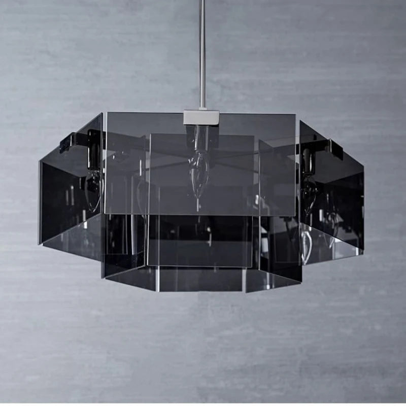 lampe suspendue moderne noir transparent facettes géométriques réfléchissantes salon restaurant chambre