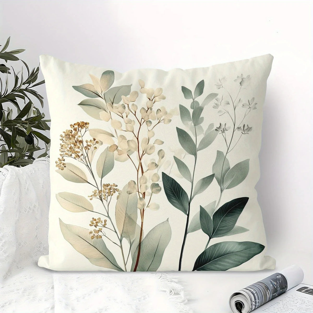 taies d'oreiller décoratives imprimées floral motifs fleurs oiseaux polyester vert clair blanc zip 45x45cm