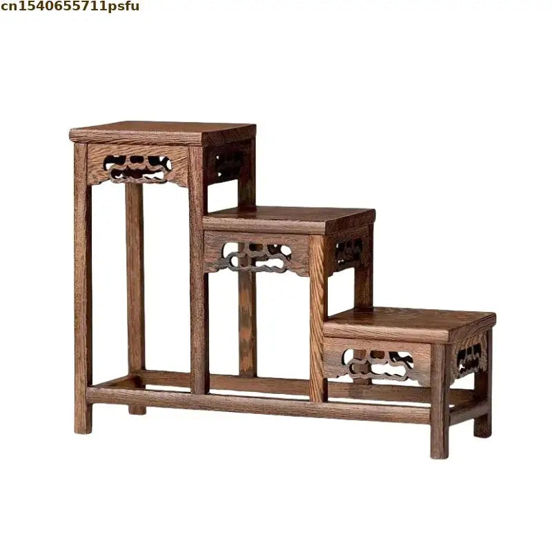 présentoir bois sculpté banc traditionnel marron foncé classique meuble rétro décoration maison figurines plantes